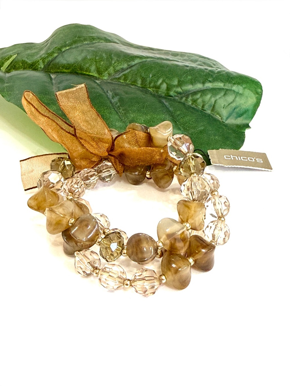 Chico’s NWT Neutral Crystal & Marbled Bead Stretch Bracelet Set